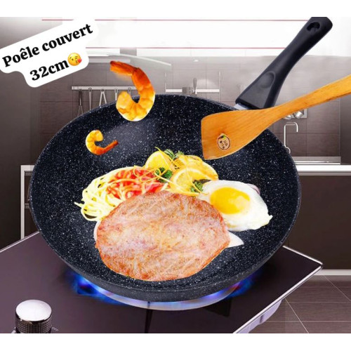 Poêle wok antiadhésive creux - 32cm avec couvercle et poignée anti-brûlure