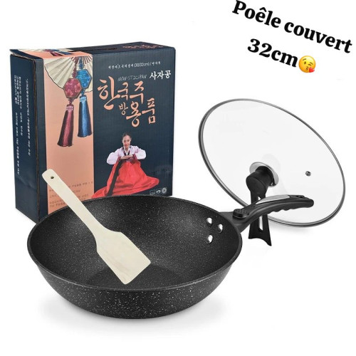 Poêle wok antiadhésive creux - 32cm avec couvercle et poignée anti-brûlure