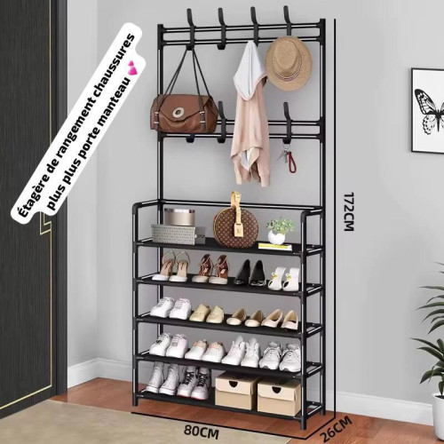 Porte-Manteaux Meuble d’entrée Avec 16 Crochets Amovibles Étagère à Chaussure 5niveaux