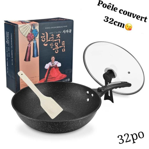 Poêle wok antiadhésive creux avec couvercle et poignée - 32cm