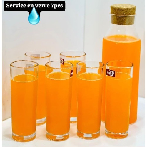 Ensemble 7piéces : 1 bouteille en verre + 6 verres long drink