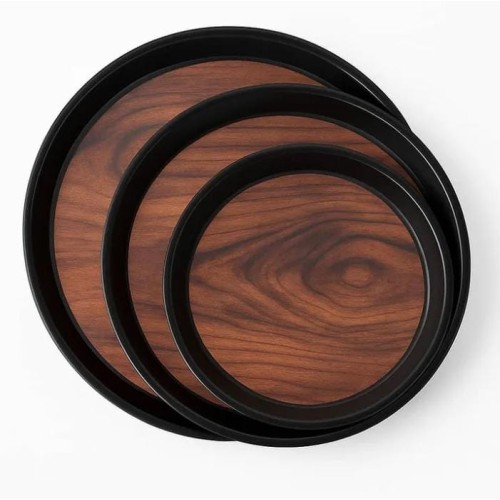 Set de 3 plateaux de service forme ronde en bois couleur : noir - marron