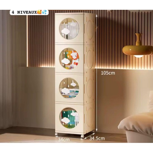 Armoire de rangement pliable avec 4niveaux et 4roues et des fenêtres déco