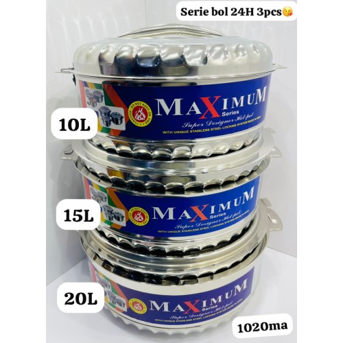 Set De 3 Bols 24Heures Inox 10/15/20Litres Marque MaXimum