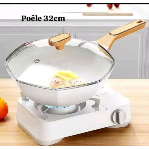 Poêle wok antiadhésive creux - 32cm avec couvercle et poignée anti-brûlure