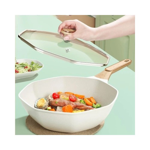 Poêle wok antiadhésive creux - 32cm avec couvercle et poignée anti-brûlure
