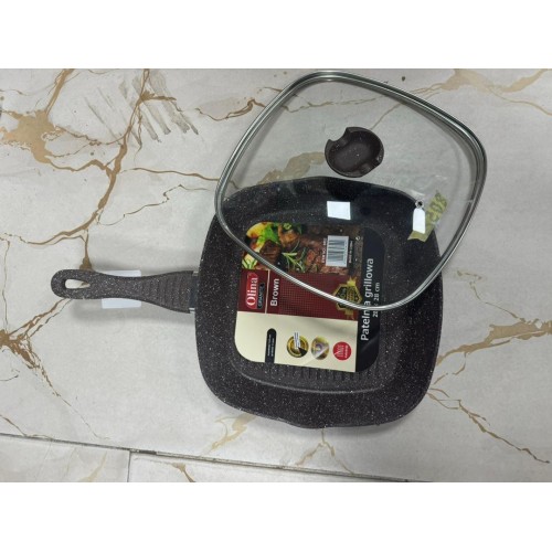 Poêle à Grille Anti-adhésif - 24CM avec couvercle et poignée anti-brûlure